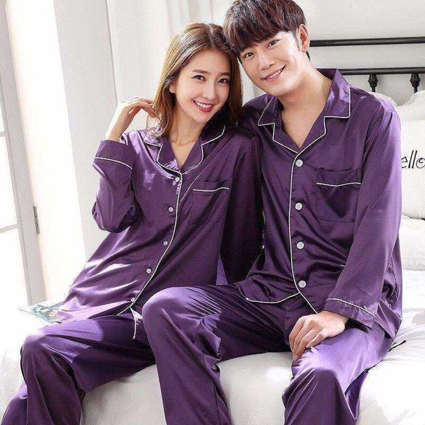 Oversize 6XL Purple Spring Women Ropa de dormir 2pc Camisa Pantalones Dormir Pijamas Conjuntos Ropa de dormir Seda de imitación Seda Camisón Bata Bata de baño 211019