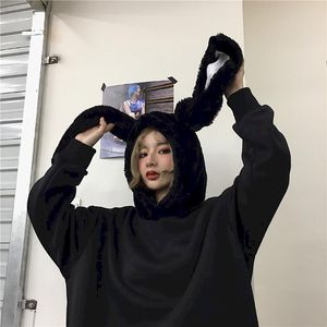 Oversize Balck Lange Hoodies Dames Sweatshirt Kleding Gothic Streetwear Losse Harajuku Hooded Rabbit Oor Hooded Pullovers 201007