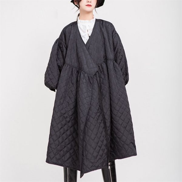 Oversize Noir Parka Femmes V Cou Solide Casual Plaid Manteau Femme Lanterne Manches Lâche Wrap Rembourré Veste Survêtement Dame 210515