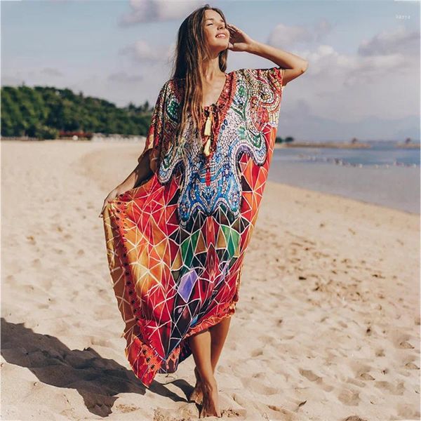 Oversize Boho tuniques pour plage de maillot de bain en lacet Up Up Robe de Page Pareo Robe Kaftan Feminino Tassel Bikini Cover