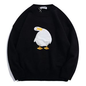 Oversize harige hoofd gekantelde eendentrui mannen Harajuku Winter Cartoon Goose Patroon pullover vrouw zwart gebreide jumper pull homme 220813