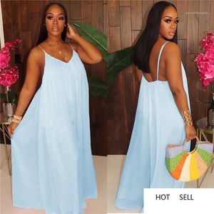 Oversize Jumpsuits Zomer Designer Spaghetti Strap Bakless Chiffon Diepe V-hals Jurk Vrouwtjes Losse Pocket Rompertjes Dames Effen Kleur