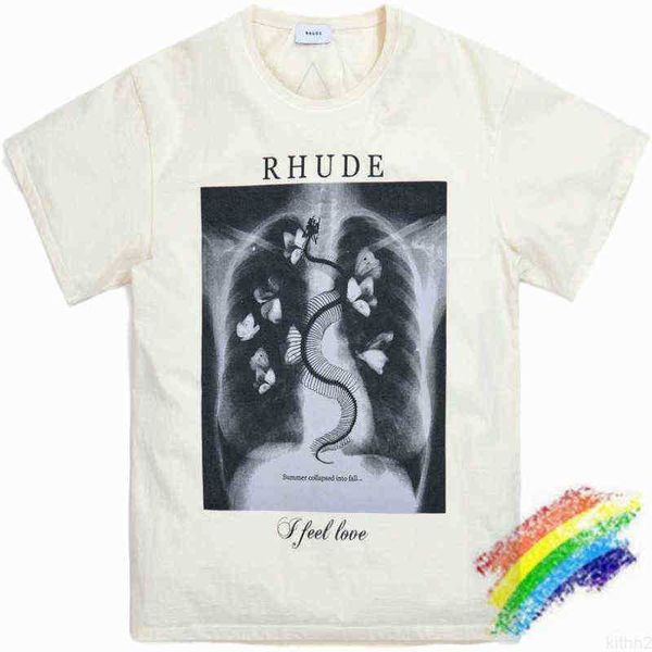 Oversize Rhude Designer T-shirt Hommes Femmes 1 Meilleure qualité Squelette Papillon Imprimer X-ray T-shirts Tops Tee Style d'été de haute qualité BDH2