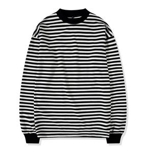 Oversize Street Style Heren Sweatshirt Crewneck Zwart-wit Gestreept T-shirt Geribbelde Pullover met lange mouwen Gratis verzending