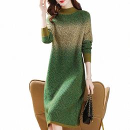Mujeres de gran tamaño Fi Knitting Dres 2023 Vintage gradiente medio alto cuello jersey Oficina Lady Lg suéter inferior Dr I0y2 #