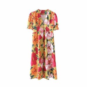 Vestido recto de gran tamaño con cuello en V para mujer, moda de verano para mujer, estilo chino, estampado de pintura al óleo de flores para mujer 210515