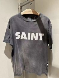 Surdimensionné 2024SS Lavage noir Saint-Michael Lettre imprimé T-shirt Men Femmes 1 1 T-shirt de tissu lourd de haute qualité Tops à manches courtes 240412