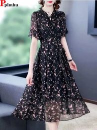 Surdimensionné 6xl en mousseline de soie robe mi-longue florale femmes été Boho Robe élégante à manches courtes/longues robes coréennes à volants cou robes 240321