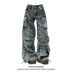 Oversized Amerikaanse Distressed Heavy Industry Big Pocket Cargo Broek Dames Losse Slim Street Design Jeans Mode