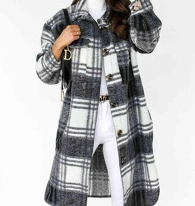 Femmes d'automne surdimensionnées039 Bouton décontracté boutonné à plaid long manteau de chemise tartan etr69f3364877