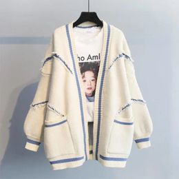 Cardigan surdimensionné pull automne hiver col en v lettre ample chaud pull tricoté coréen grande poche trou couture chandails