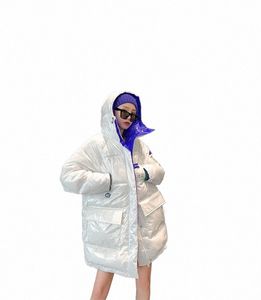 Veste Parka rembourrée surdimensionnée en coton pour femme, manteau d'hiver en duvet chaud à capuche, vêtements d'extérieur brillants coréens C9l7 #