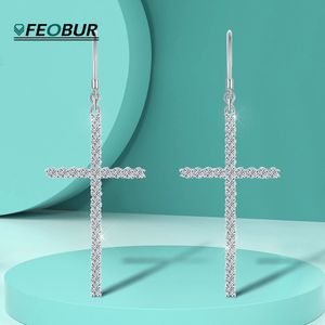 Boucles d'oreilles surdimensionnées en forme de croix pour femmes, 125 diamants ronds, argent Sterling S925 plaqué, crochets d'oreille en or 18 carats, 240305