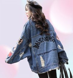 Surdimensionné mode impression hommes femmes Denim veste en vrac automne 2019 nouveau Streetwear Vintage BF Style effiloché trous jean manteau femme 7144627