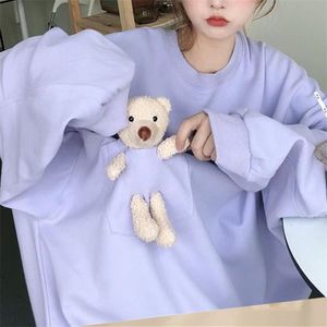 Oversized Hoodie Dames Herfst Koreaanse Stijl Losse Sweatshirt Casual Streetwear Cute Bear Pocket Girls Hoodies Sweatshirts 210603