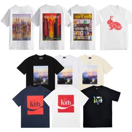 2023 Nieuwe Designer Kith Heren T-shirts Trends Merk De New Yorker Skyline Kiosk Konijn Papier Snijden Gedrukt Ronde Hals Los Casual Katoenen T-shirt