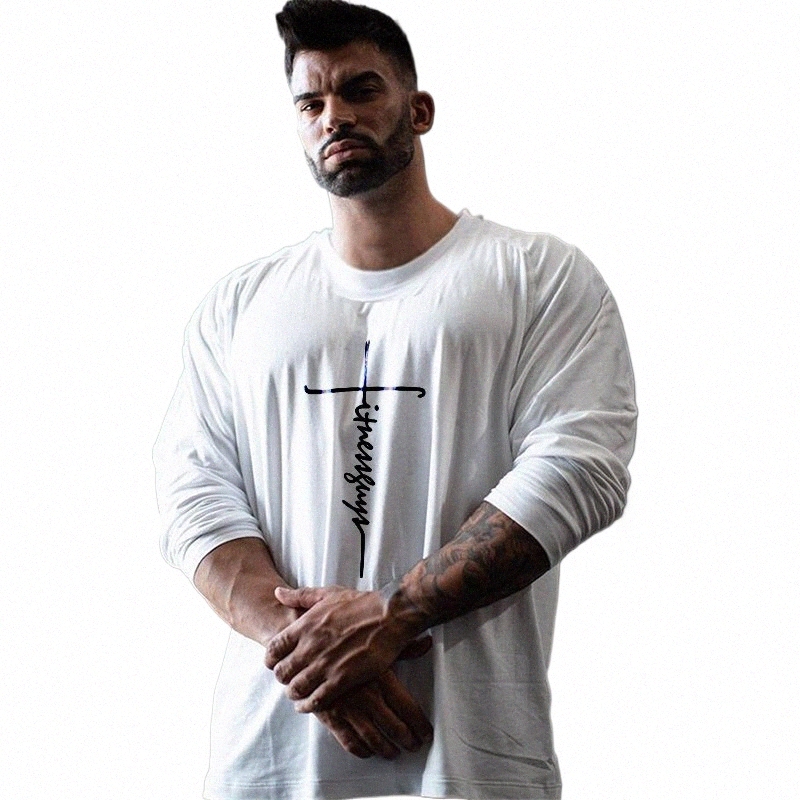 Överdimensionerad LG Sleeve T-shirt Autumn Cott Gym Clothing Fitn Mens T Shirt Hip Hop Sportswear Loose Man Bodybuilding Tshirt Y24L#