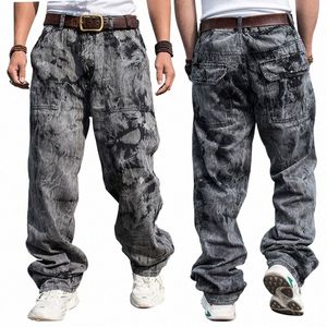 Jeans amples surdimensionnés pour hommes, pantalon en Denim, teinture par nouage, droit, décontracté, Streetwear, Hip Hop, Skateboard, gris, jambes larges, grande taille 163T #