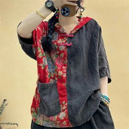Patchwork surdimensionné Big Pocket Shirt Summer Femmes décontractées Restro Style ethnique coréen Tshirt imprimé à capuche Z807 240412