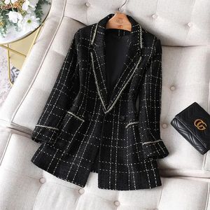 Oversized Geruite Tweed Jas Koreaanse Mode Lange Mouw Blazer Jas Kantoor Dame Elegante Enkele Knop Uitloper Plus Size 240226