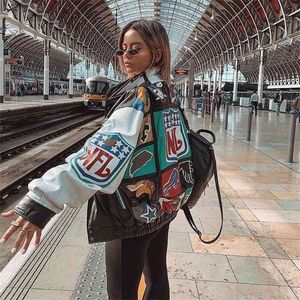 Oversized gedrukte jas vrouwelijke gotische racing pak hiphop straat stijl y2k oversized honkbal uniform bommenwerper top 210918