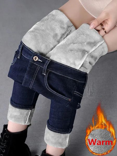 Surdimensionné mince velours doublé jean crayon pantalon hiver femmes peluche Stretch Vaqueros pantalon taille moyenne épaissir chaud Denim Spodnie 240201