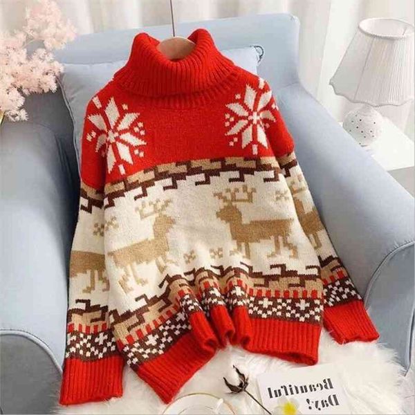 Suéter de copo de nieve rojo de gran tamaño Super Fire Lazy Ugly Christmas Thick Turtleneck Mujeres Jumper Jersey Suéteres Tops 210520