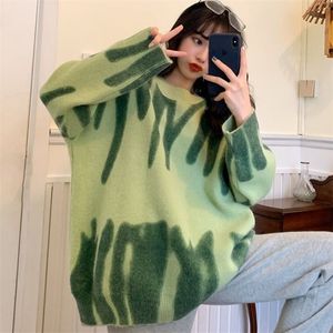 Extra grote trui groene trui vrouwen gebreide losse tops winter O-hals Harajuku Suiner Mujer Pull Tie Dye Bovenkleding 210922
