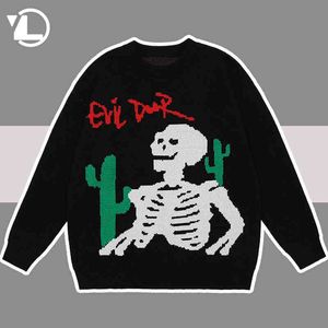Pull surdimensionné Hommes Noir Lâche Cactus Squelette Os Hip Hop Pull Femme High Street Vintage Harajuku Pulls En Tricot Unisexe T220730
