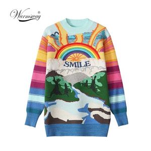 Suéter de gran tamaño Mujeres Moda Rainbow Rayas Bordado Letras Jerséis de punto Loose Casual Streetwear Tops C-237 211011