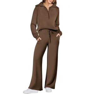 Sweat-shirt surdimensionné Sweat-shirt Femme Fall Fall Winter Tracksuit Suit avec manteau à revers Pantalons de jambe large Couleur Couleur Décor de fermeture éclair long 231222