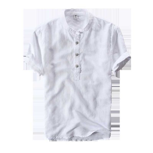 T-shirt surdimensionné pour hommes à manches courtes en coton et lin blanc Tee-shirt lâche décontracté col mandarin solide 5XL vêtements 210601