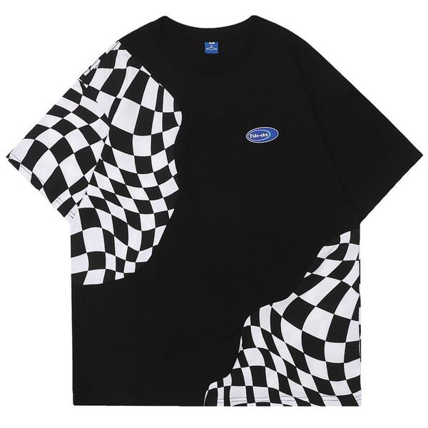 T-shirts surdimensionnés à carreaux en coton, haut à col rond, vêtements d'été pour hommes, Streetwear Harajuku décontracté à manches courtes