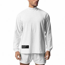 T-shirt à manches longues à col roulé surdimensionné pour hommes Cott épaule tombante en vrac Gym Fitn T-shirt Bodybuilding Tops Tees 44NL #