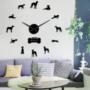 Surdimensionné Whippet chien Portrait 3D acrylique bricolage horloge murale italien lévrier canin Animal effet miroir Stickers muraux horloge montre 2246T