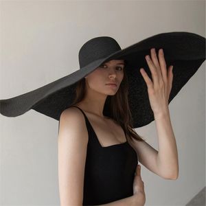 Oversized Wide Brim Straw Hat Travel Black Beach 70cm Sun Summer UV Protection Floppy Foldable cap Wholesale 220318