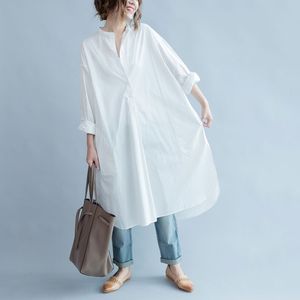 Femmes surdimensionnées coton chemise décontractée robe nouveau printemps arts style vintage col montant lâche femme blanche robes longues S3697 210412
