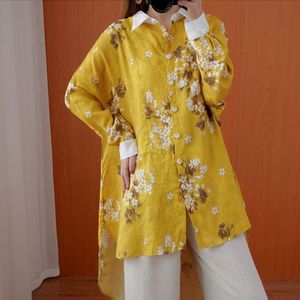 Femmes surdimensionnées coton lin chemises décontractées nouveau printemps style vintage imprimé floral lâche femme manches longues hauts S3433 210412