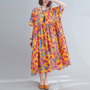 Femmes surdimensionnées coton lin robe longue nouvelle arrivée été style vintage imprimé floral lâche femme robes décontractées S3551 210412