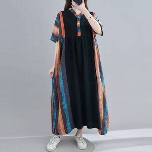 Surdimensionné femmes coton lin longue robe nouvel été Arts Style Vintage col en v Patchwork rayé femme robes décontractées S3361 210412