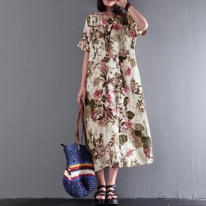 Oversized dames bloemenprint zomer vestido casual o-hals korte katoenlinnen strandfeest lange jurk