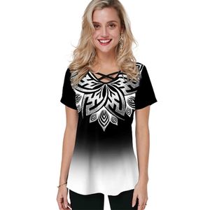 Oversized vrouwen T-shirt Casual Gradiënt Print Korte Mouw V-hals Kruisband Zomer Mode Dames Tops 5XL Groot Maat 210522