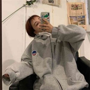 Oversized zip-up sweatshirt Streetwear losse lange mouwen Koreaanse stijl jas herfst rits vrouwen tops zwarte hoodie 210809