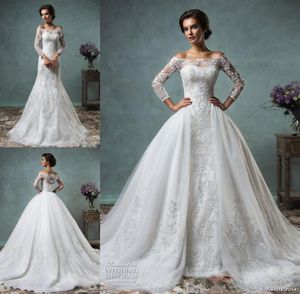 Overrok Trouwjurken Volledig Kant Lange Mouwen Bruidsjurken Amelia Sposa Arabische Bruidsjurken Wit Bateau Hals Rits Terug Rechter Tra5384154