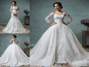 Vestidos de novia con sobrefalda Vestidos de novia de manga larga de encaje completo Vestidos de novia árabes de Amelia Sposa con cuello de barco con cremallera en la espalda Tra8497792