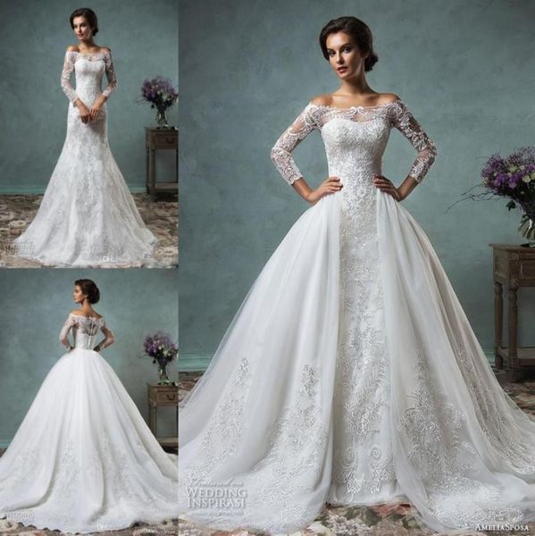 Overskirt Robes de mariée en dentelle en dentelle à manches longues en dentelle Amelia Sposa Robes de mariage arabe Wit Bateau Neck Zip Back Court Tra6718916