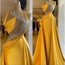 Overskirt met gouden promkristallen Mermaid jurken kralen illusie top satijn op maat gemaakte ruches avond feestjurken vestidos formeel ocn slijtage plus size