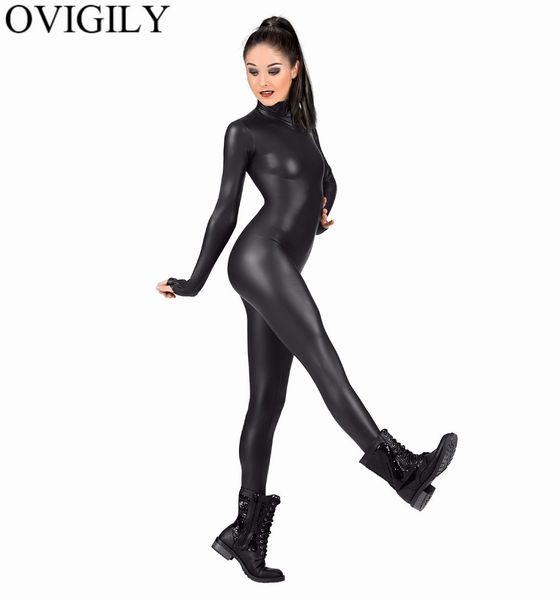 OVIGILY Costume complet femme Costume Spandex danse Ballet gymnastique Catsuit adulte noir manches longues brillant métallique Unitard