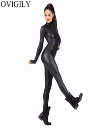 OVIGILY Women039s Traje de cuerpo completo Traje Spandex Danza Ballet Gimnasia Catsuit Adulto Negro Manga larga Brillante Metálico Unitard6016519