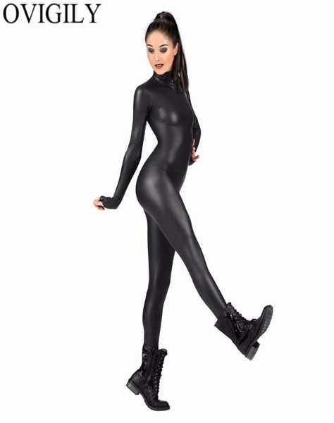 OVIGILY Women039s Costume complet du corps Costume Spandex danse Ballet gymnastique Catsuit adulte noir à manches longues brillant métallique Unitard6016519